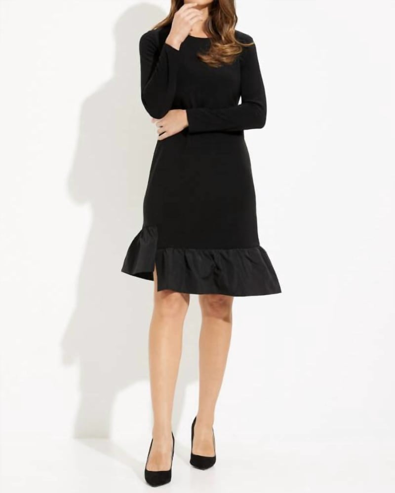 Front of a model wearing a size 14 Long Sleeve Fit & Flare In Black in Black by Joseph Ribkoff. | dia_product_style_image_id:346529